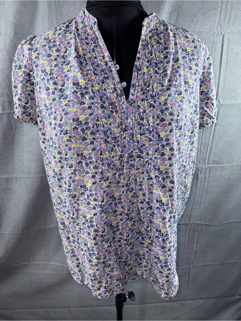 2818-Only Necessities Purple and Yellow Floral Pintuck Short Sleeve Blouse